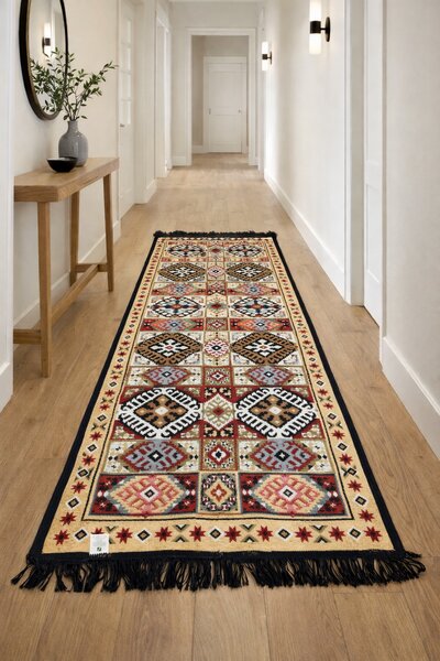 Covor traditional, cu doua fete, dimensiunea 80x200 cm, bleumarin-bej