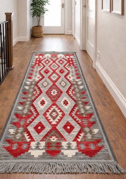Covor traditional, cu doua fete, dimensiunea 80x200cm, gri-rosu