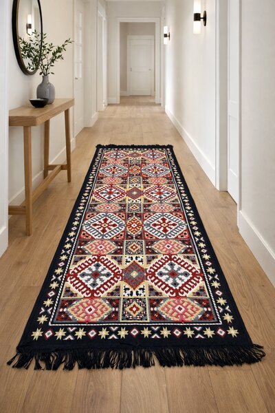 Covor traditional, cu doua fete, dimensiunea 80x200 cm, bleumarin-bej