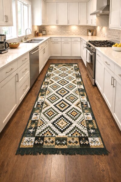 Covor traditional, cu doua fete, dimensiunea 80x300 cm, verde-bej
