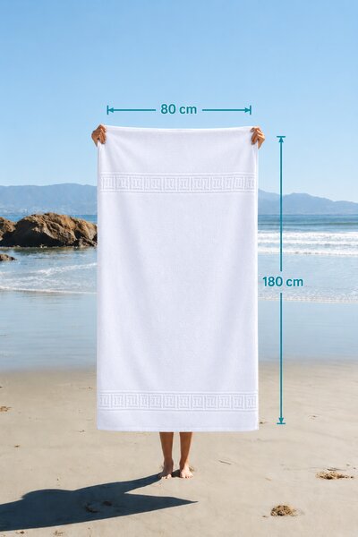 Prosop de Plaja XXL Greek Border Alb – 100% Bumbac, 80x180 cm, 500 gr/mp