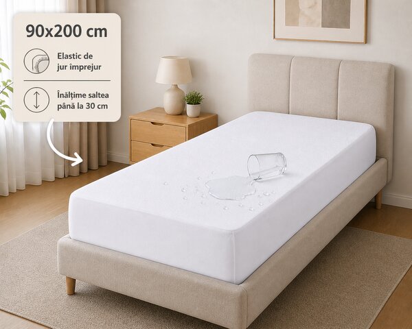 Husa saltea impermeabila 100% Frotir, acoperire integrala, alba, dimensiunea 90x200 cm+30 cm