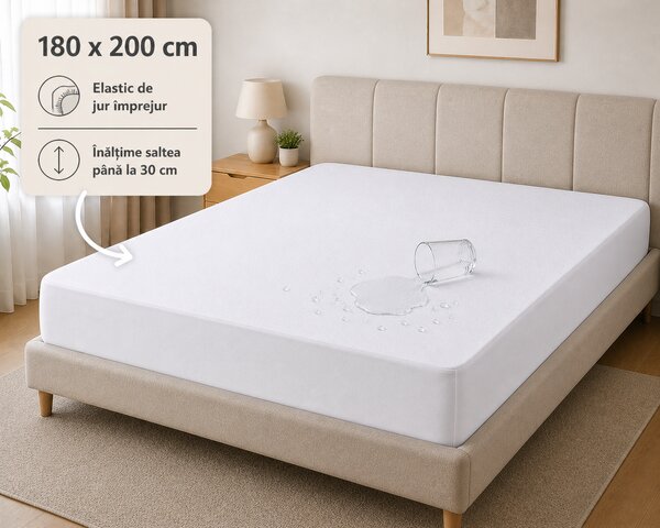 Husa saltea impermeabila 100% Frotir, acoperire integrala, alba, dimensiunea 180x200 cm+30 cm