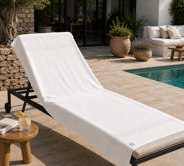 Prosop de Plaja XXL Greek Border Alb – 100% Bumbac, 80x180 cm, 500 gr/mp