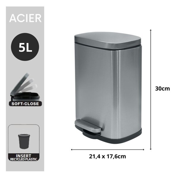 Coș de gunoi argintiu mat cu pedală din oțel 5 l Akira – Spirella