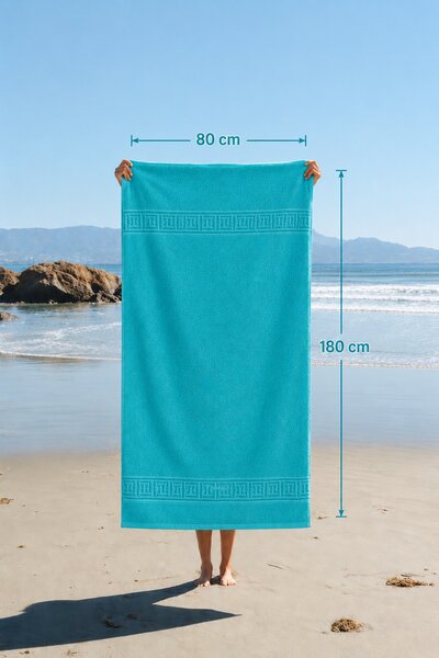 Prosop de Plaja XXL Greek Border Turcoaz – 100% Bumbac, 80x180 cm, 500 gr/mp