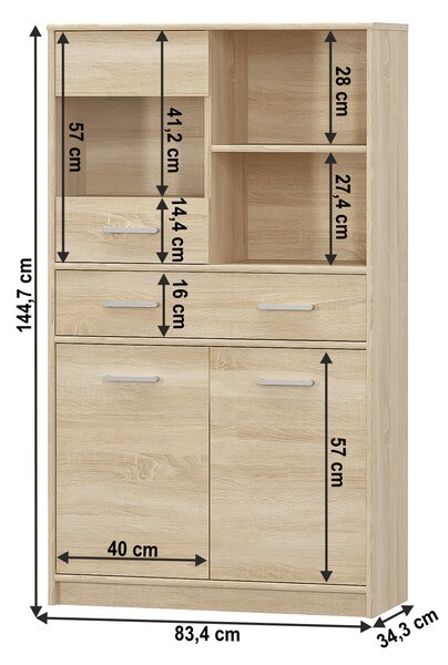 KONDELA Vitrină 2D1W1S/80, stejar sonoma, TEYO