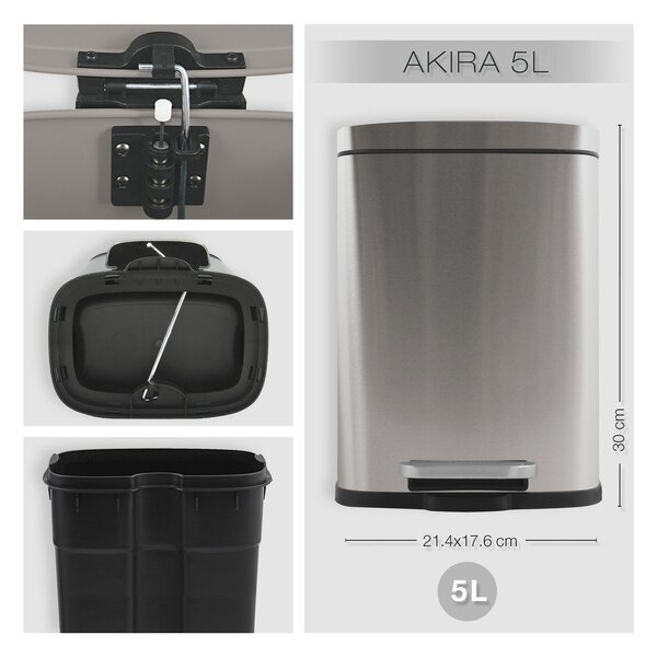 Coș de gunoi argintiu mat cu pedală din oțel 5 l Akira – Spirella