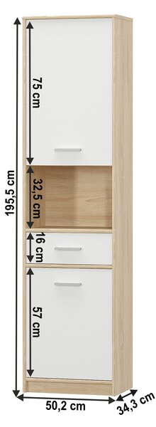 KONDELA Etajeră 2D1S, alb/stejar sonoma, TEYO