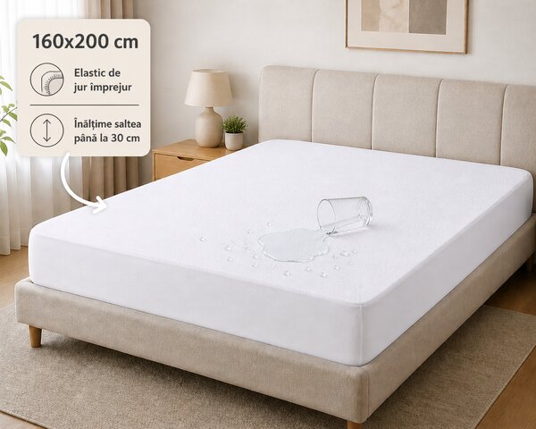 Husa saltea impermeabila 100% Frotir, acoperire integrala, alba, dimensiunea 160x200 cm+30 cm