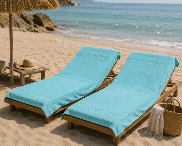 Set 1+1 Prosoape de Plaja XXL Greek Border Turcoaz – 100% Bumbac, 80x180 cm, 500 gr/mp