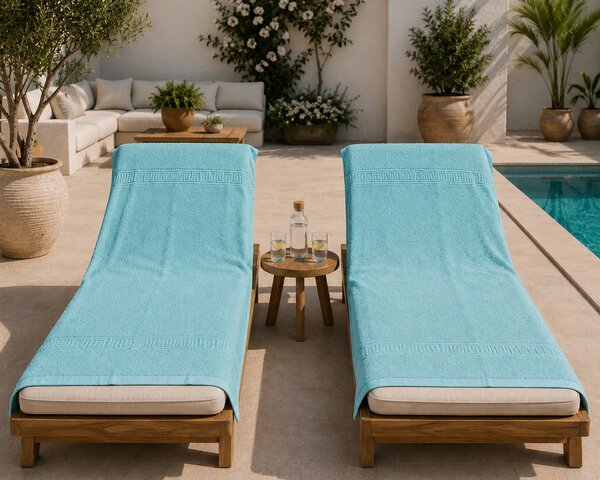 Set 1+1 Prosoape de Plaja XXL Greek Border Turcoaz – 100% Bumbac, 80x180 cm, 500 gr/mp