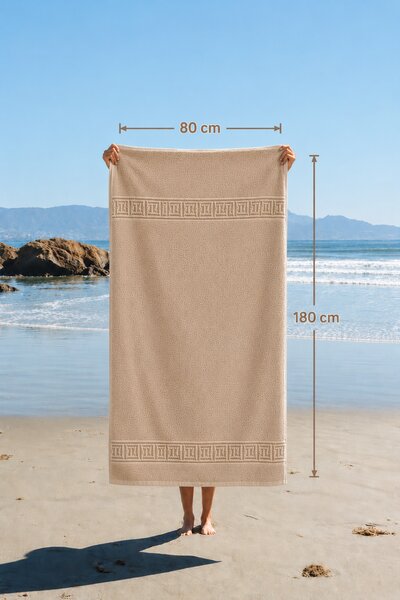 Prosop de Plaja XXL Greek Border Capuccino – 100% Bumbac, 80x180 cm, 500 gr/mp