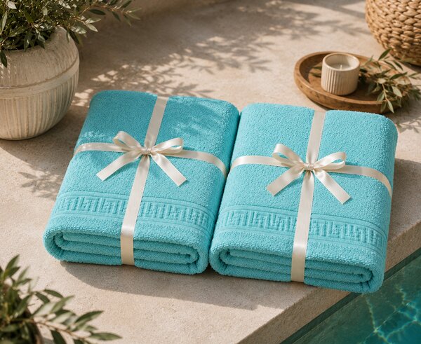 Set 1+1 Prosoape de Plaja XXL Greek Border Turcoaz – 100% Bumbac, 80x180 cm, 500 gr/mp