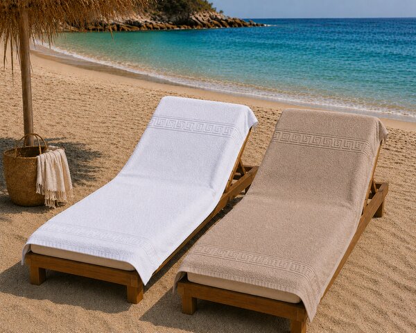 Set 1+1 Prosoape de Plaja XXL Greek Border Alb + Capuccino – 100% Bumbac, 80x180 cm, 500 gr/mp