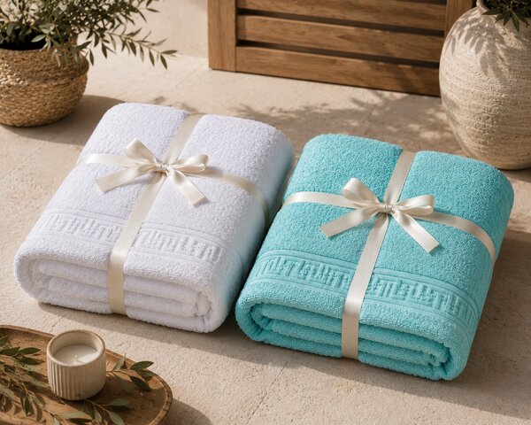 Set 1+1 Prosoape de Plaja XXL Greek Border Alb + Turcoaz – 100% Bumbac, 80x180 cm, 500 gr/mp