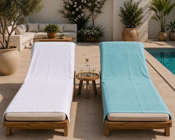 Set 1+1 Prosoape de Plaja XXL Greek Border Alb + Turcoaz – 100% Bumbac, 80x180 cm, 500 gr/mp