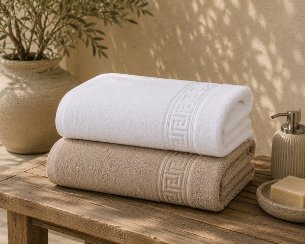 Set 1+1 Prosoape de Plaja XXL Greek Border Alb + Capuccino – 100% Bumbac, 80x180 cm, 500 gr/mp