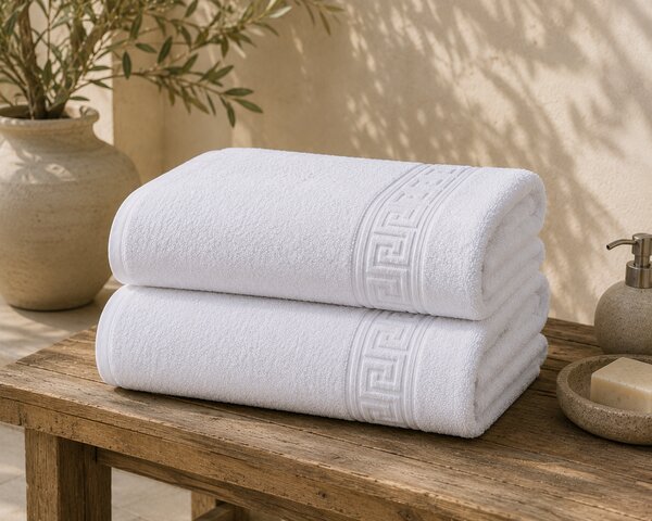 Set 1+1 Prosoape de Plaja XXL Greek Border Albe – 100% Bumbac, 80x180 cm, 500 gr/mp