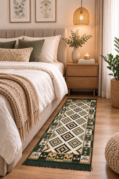 Covor traditional, cu doua fete, dimensiunea 60x120 cm, verde-bej