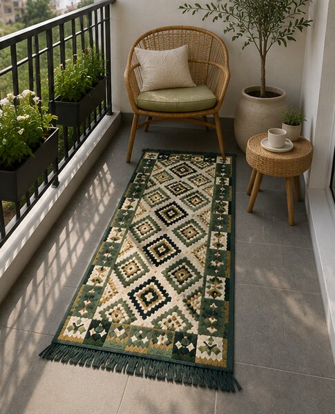 Covor traditional, cu doua fete, dimensiunea 60x150 cm, verde-bej