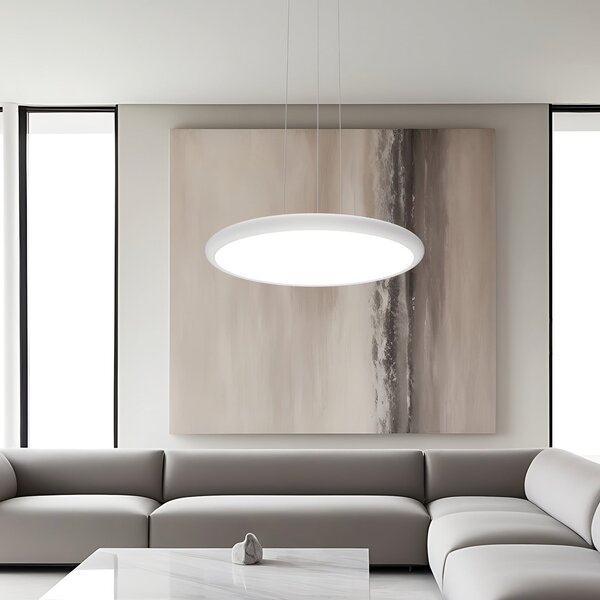 Viokef Lampă suspendată LED Benett, albă, Ø 50 cm, metal/acril, reglabil, Alb, Camera de zi / sufragerie, Aluminiu, Modern