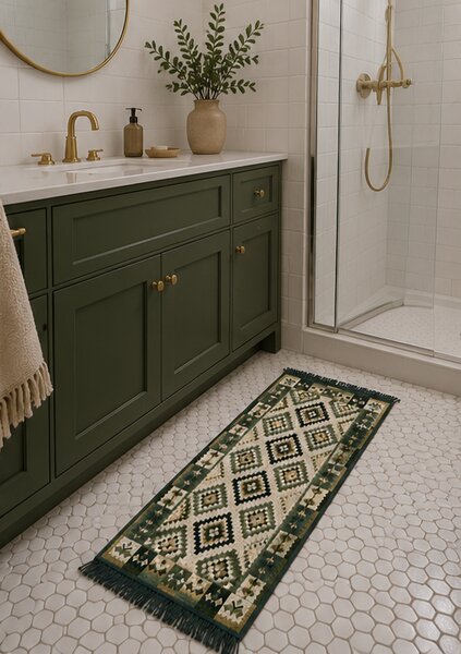 Covor traditional, cu doua fete, dimensiunea 60x120 cm, verde-bej