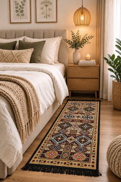 Covor traditional, cu doua fete, dimensiunea 60x150 cm, bleumarin-bej
