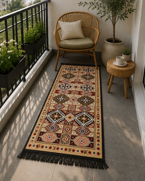 Covor traditional, cu doua fete, dimensiunea 60x120 cm, bleumarin-bej