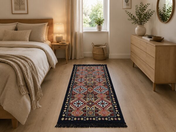 Covor traditional, cu doua fete, dimensiunea 60x150 cm, bleumarin-bej
