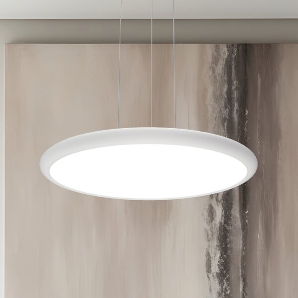 Viokef Lampă suspendată LED Benett, albă, Ø 50 cm, metal/acril, reglabil, Alb, Camera de zi / sufragerie, Aluminiu, Modern