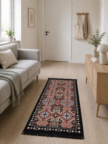 Covor traditional, cu doua fete, dimensiunea 60x150 cm, bleumarin-bej