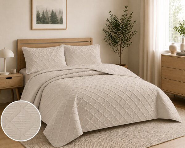 Cuvertura matlasata dimensiunea 160x230 cm si 1 fata de perna 50x70 cm, uni-model romburi, culoare crem
