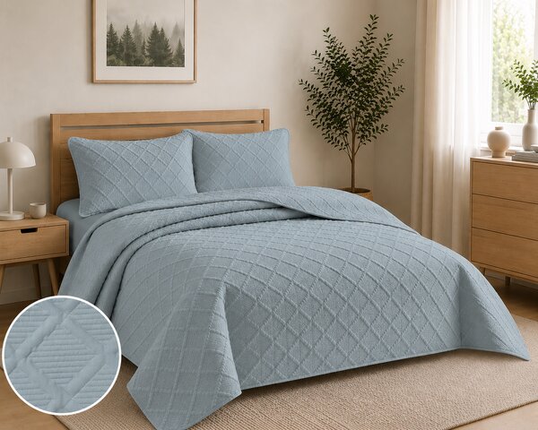 Cuvertura matlasata dimensiunea 160x230 cm si 1 fata de perna 50x70 cm, uni-model romburi, culoare gri deschis