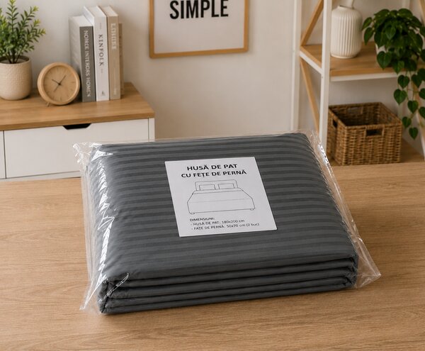 Husa de Saltea Universala 160x200 / 180x200 cm, Damasc cu 2 Fete de Perna 50x70 cm, gri antracit