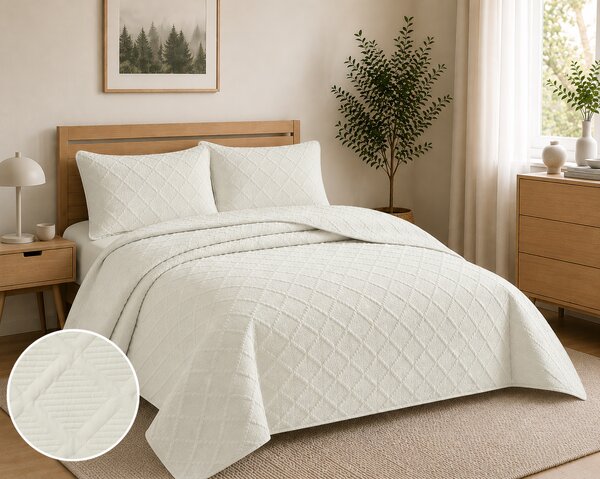 Cuvertura matlasata dimensiunea 160x230 cm si 1 fata de perna 50x70 cm, uni-model romburi, culoare ivoire