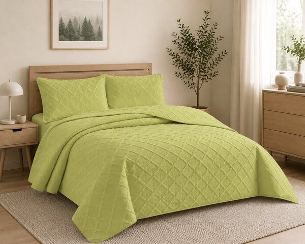 Cuvertura matlasata dimensiunea 160x230 cm si 1 fata de perna 50x70 cm, uni-model romburi, culoare verde deschis
