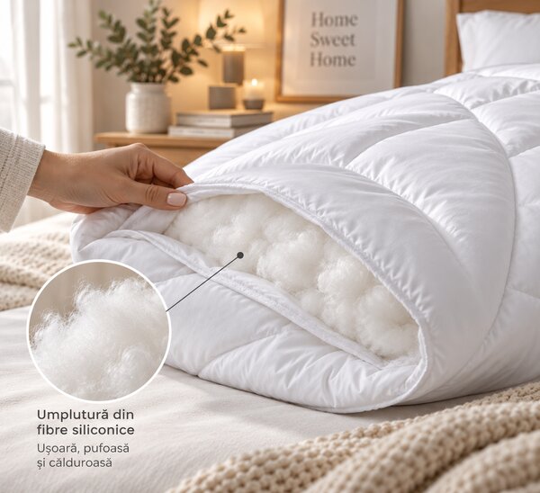 Pilota de Iarna Matlasata, cu Fibre Siliconice Antialergenice si Invelis din Bumbac Ranforce 100%, Alba, 140x210 cm
