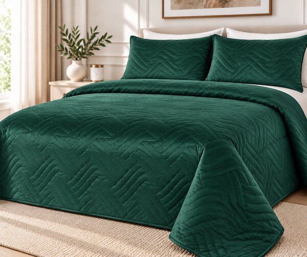 Set Cuvertura de Pat din Catifea 220x240 cm + 2 Fețe de Perna, verde