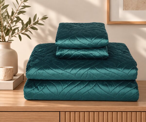 Set Cuvertura de Pat din Catifea 220x240 cm + 2 Fețe de Perna, verde
