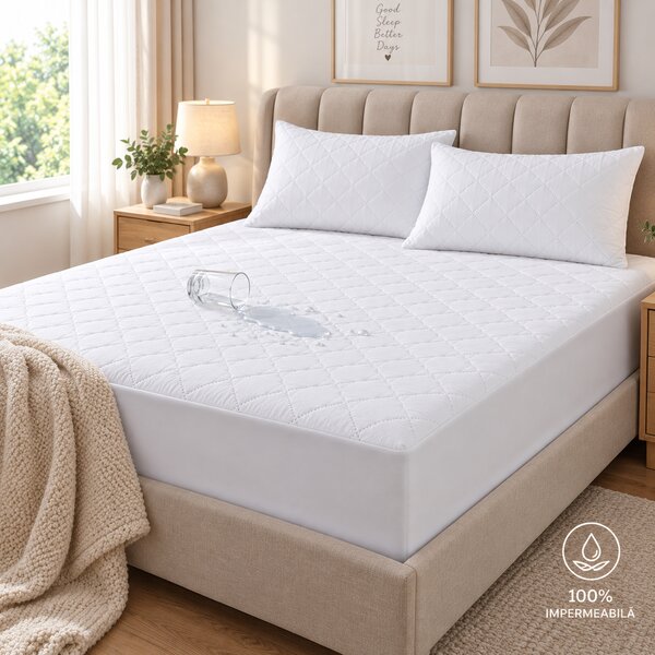 Set Protecție Pat Impermeabilă Matlasată 160x200 cm cu 2 Fețe de Pernă 50x70 cm – Alb