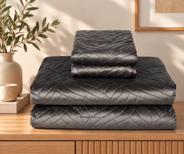 Set Cuvertura de Pat din Catifea 220x240 cm + 2 Fețe de Perna, gri antracit