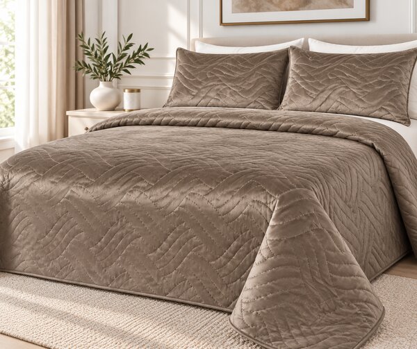 Set Cuvertura de Pat din Catifea 220x240 cm + 2 Fețe de Perna, maro