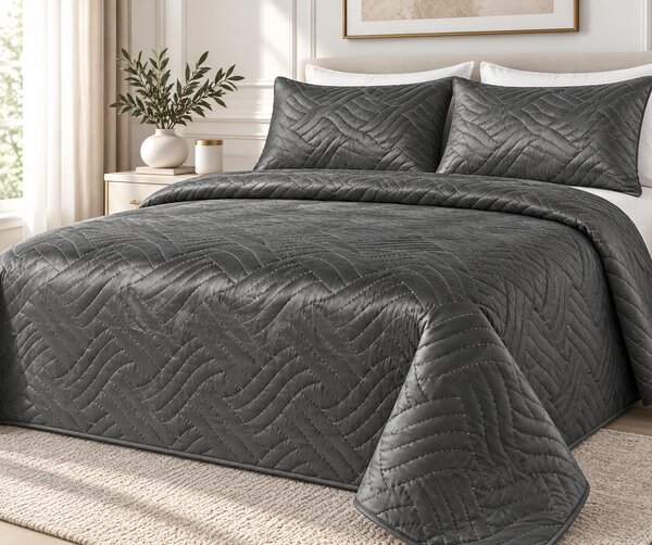 Set Cuvertura de Pat din Catifea 220x240 cm + 2 Fețe de Perna, gri antracit