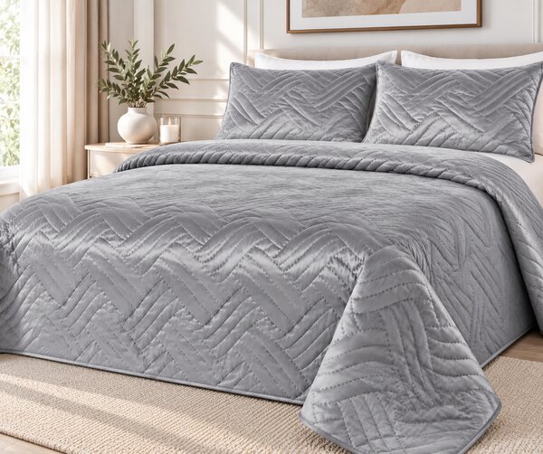 Set Cuvertura de Pat din Catifea 220x240 cm + 2 Fețe de Perna, gri