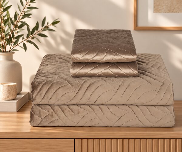 Set Cuvertura de Pat din Catifea 220x240 cm + 2 Fețe de Perna, maro