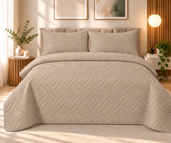 Set Cuvertura de Pat din Catifea 220x240 cm + 2 Fețe de Perna, bej
