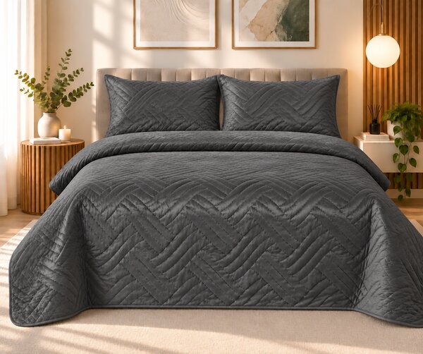 Set Cuvertura de Pat din Catifea 220x240 cm + 2 Fețe de Perna, gri antracit