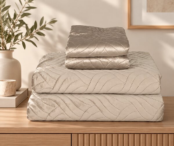 Set Cuvertura de Pat din Catifea 220x240 cm + 2 Fețe de Perna, bej
