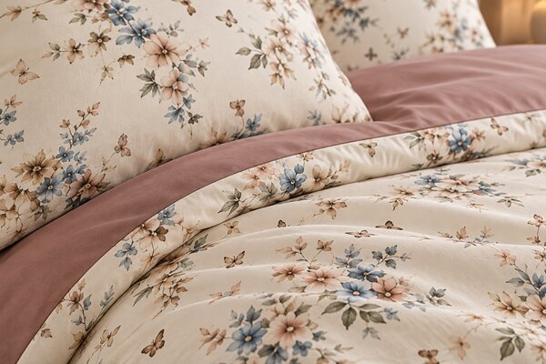 Lenjerie de Pat 2 Persoane 100% Bumbac, 4 Piese – Imprimeu Floral bej